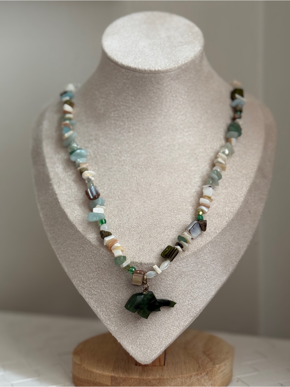 Multi-Strand Gemstone Rope Necklace Carved Shell Stone Elephant Pendant Toggle